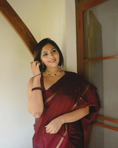 Maroon Pure Kanjivaram Silk Weaved With Copper Zari Comes With Heavy Kanjivaram Brocade Blouse - Almaari Fashion