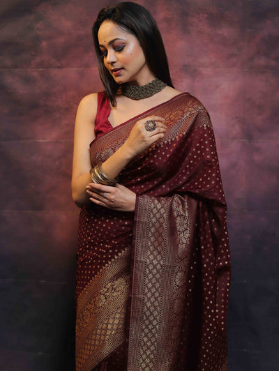 Maroon Pure Kanjivaram Silk Weaved With Copper Zari Comes With Heavy Kanjivaram Brocade Blouse - Almaari Fashion