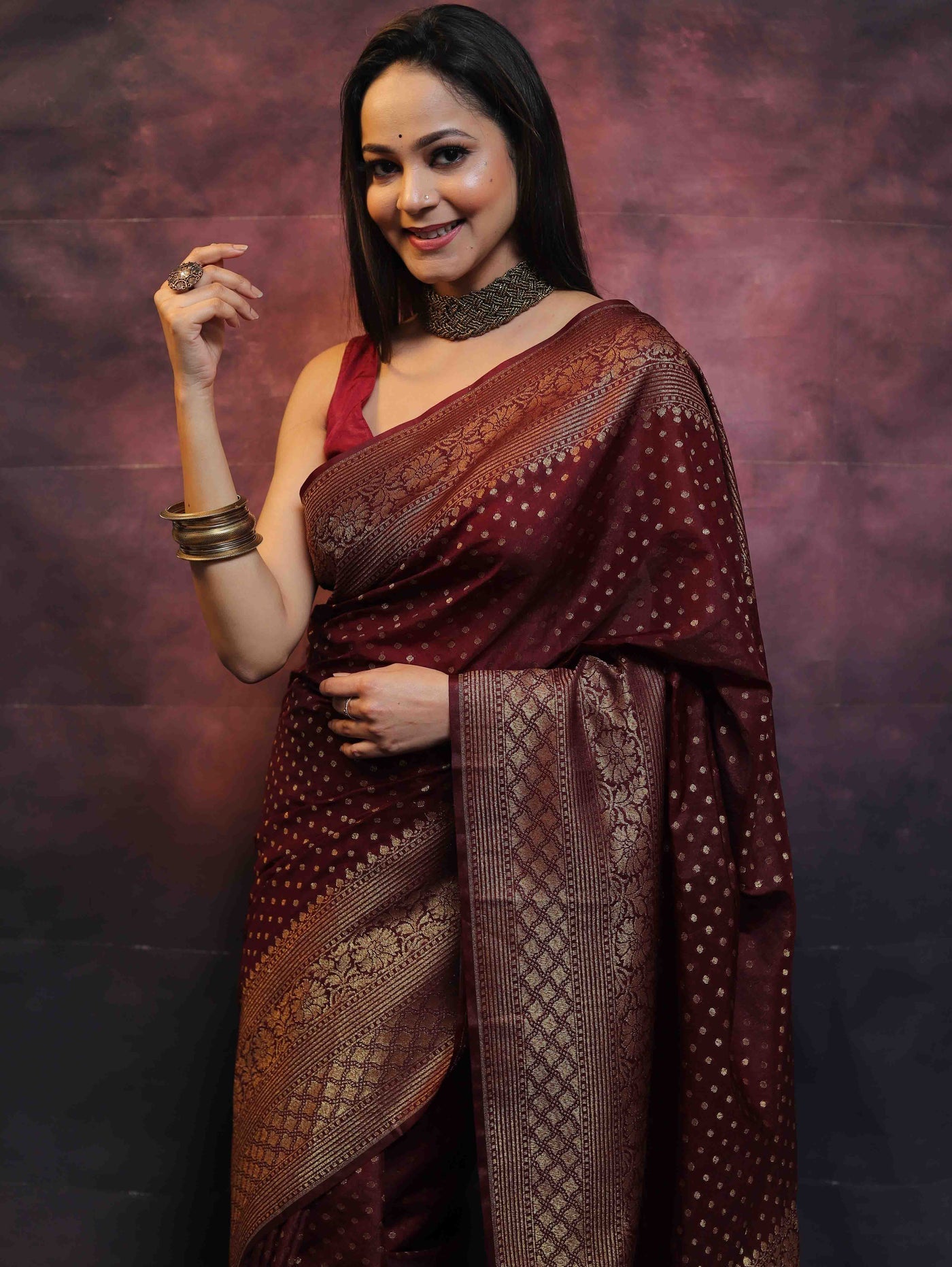 Maroon Pure Kanjivaram Silk Weaved With Copper Zari Comes With Heavy Kanjivaram Brocade Blouse - Almaari Fashion