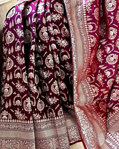 Maroon Pure Kanjivaram Silk Weaved With Copper Zari Comes With Heavy Kanjivaram Brocade Blouse - Almaari Fashion