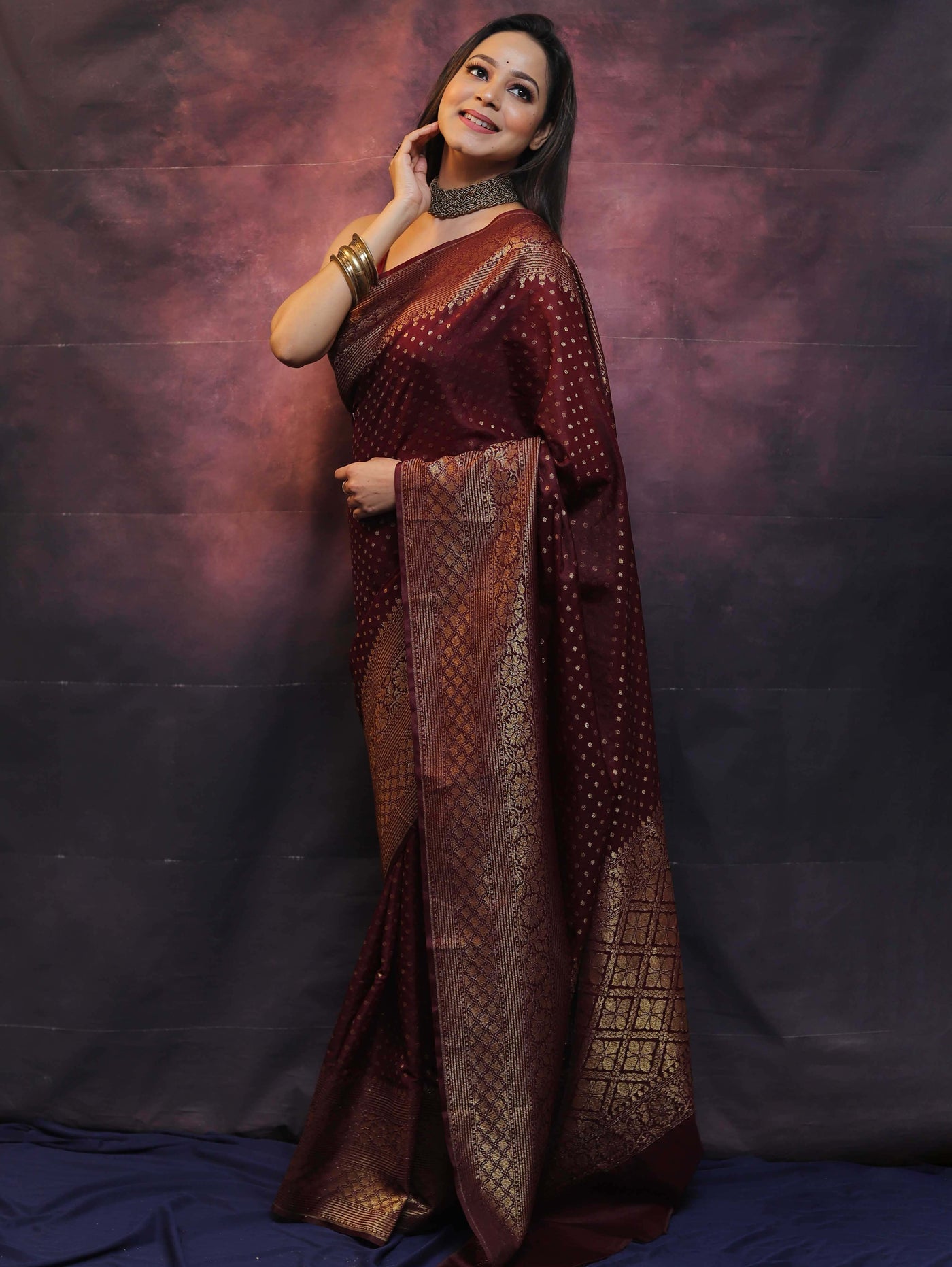 Maroon Pure Kanjivaram Silk Weaved With Copper Zari Comes With Heavy Kanjivaram Brocade Blouse - Almaari Fashion