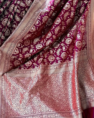 Maroon Pure Kanjivaram Silk Weaved With Copper Zari Comes With Heavy Kanjivaram Brocade Blouse - Almaari Fashion