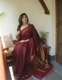 Maroon Pure Kanjivaram Silk Weaved With Copper Zari Comes With Heavy Kanjivaram Brocade Blouse