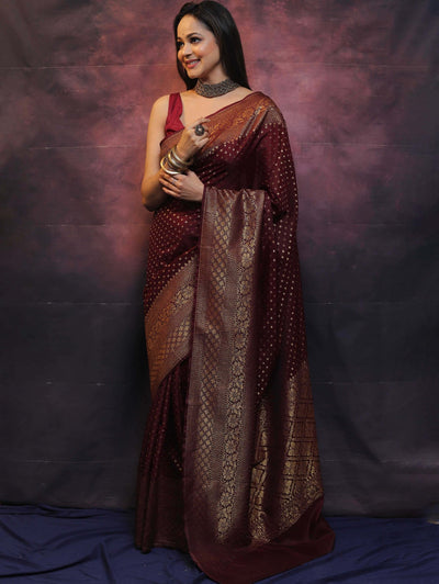 Maroon Pure Kanjivaram Silk Weaved With Copper Zari Comes With Heavy Kanjivaram Brocade Blouse - Almaari Fashion