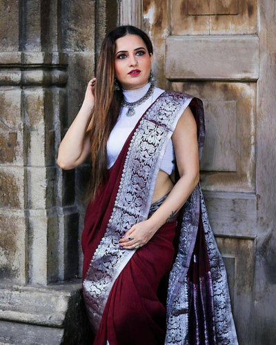 Maroon Pure Kanjivaram Silk With Confounding Blouse Piece - Almaari Fashion