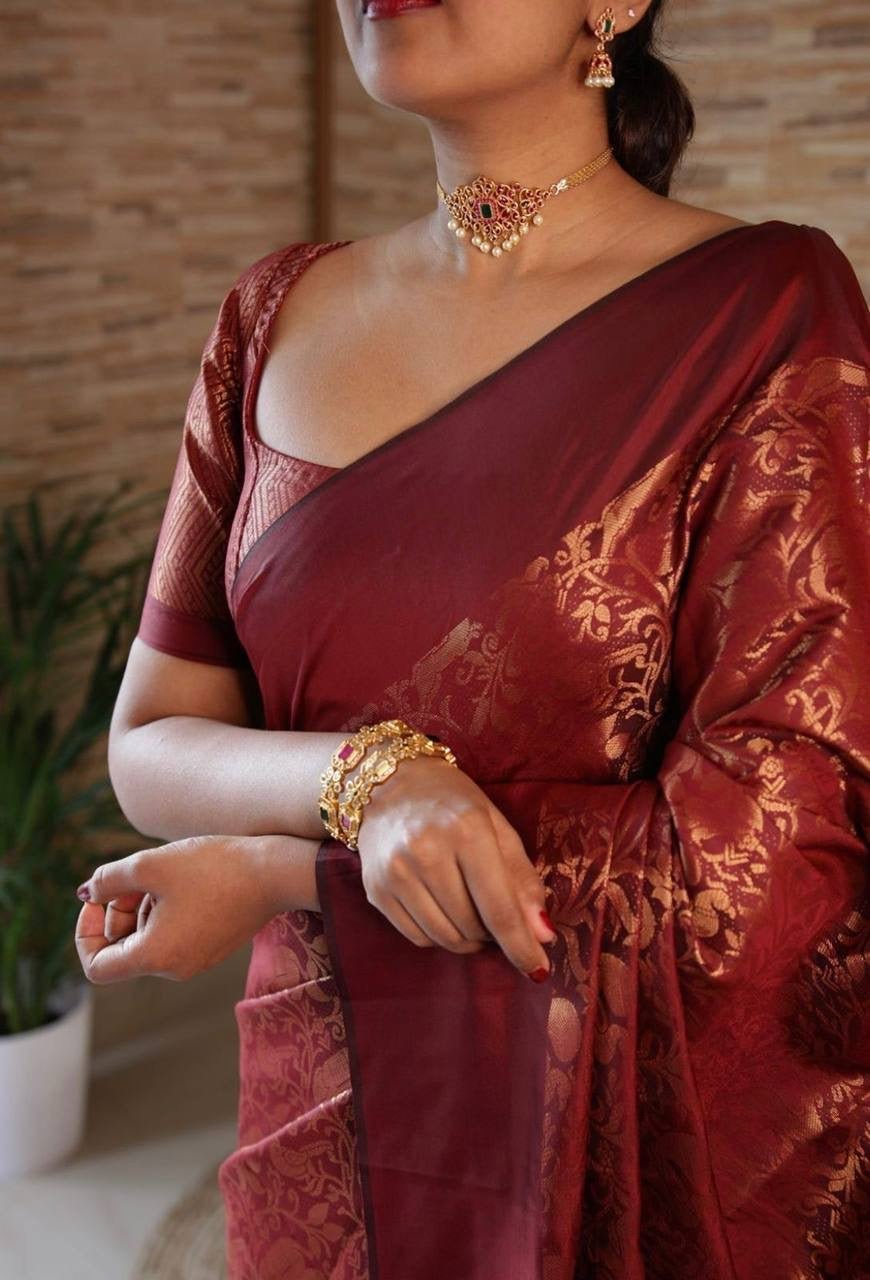 Maroon Pure Kanjivaram Silk With Lovely Blouse Piece - Almaari Fashion