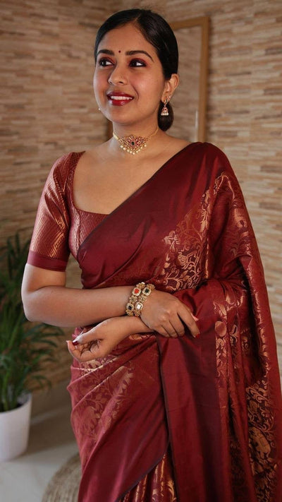 Maroon Pure Kanjivaram Silk With Lovely Blouse Piece - Almaari Fashion