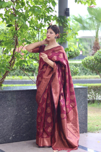 Maroon Pure Satin Silk Saree With Demure Blouse Piece - Almaari Fashion