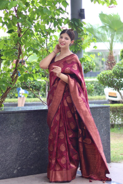 Maroon Pure Satin Silk Saree With Demure Blouse Piece - Almaari Fashion