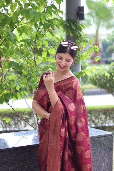 Maroon Pure Satin Silk Saree With Demure Blouse Piece - Almaari Fashion