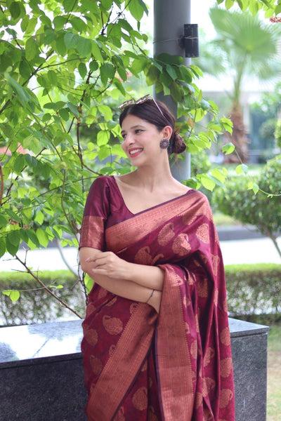 Maroon Pure Satin Silk Saree With Demure Blouse Piece - Almaari Fashion