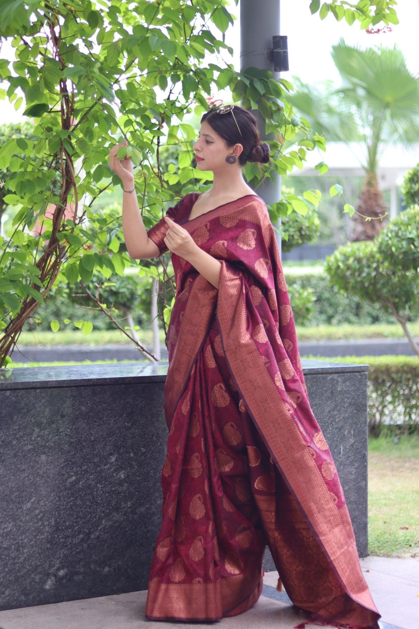 Maroon Pure Satin Silk Saree With Demure Blouse Piece - Almaari Fashion