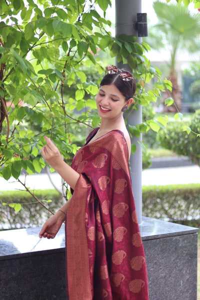 Maroon Pure Satin Silk Saree With Demure Blouse Piece - Almaari Fashion