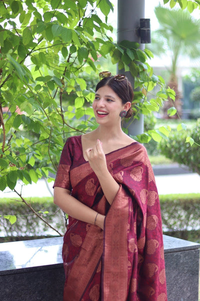 Maroon Pure Satin Silk Saree With Demure Blouse Piece - Almaari Fashion