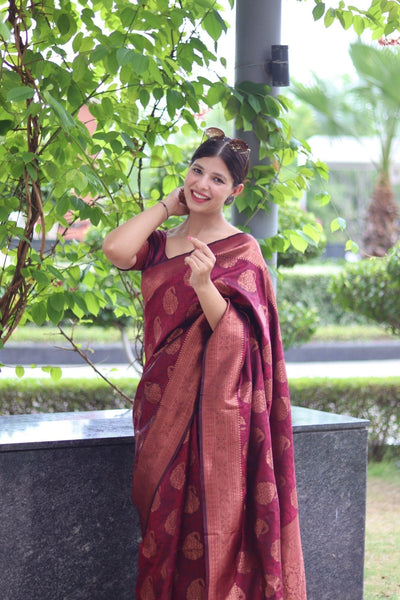 Maroon Pure Satin Silk Saree With Demure Blouse Piece - Almaari Fashion