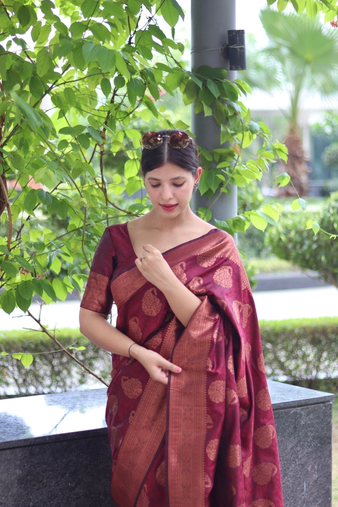 Maroon Pure Satin Silk Saree With Demure Blouse Piece - Almaari Fashion