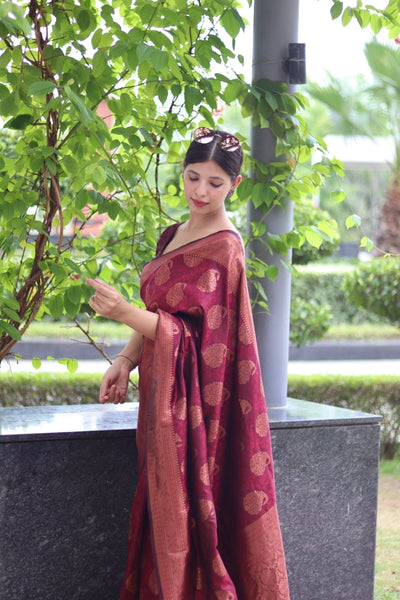 Maroon Pure Satin Silk Saree With Demure Blouse Piece - Almaari Fashion