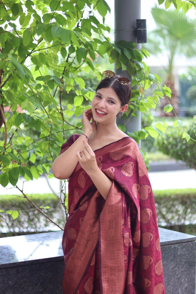 Maroon Pure Satin Silk Saree With Demure Blouse Piece - Almaari Fashion