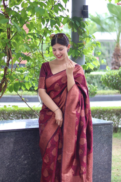 Maroon Pure Satin Silk Saree With Demure Blouse Piece - Almaari Fashion