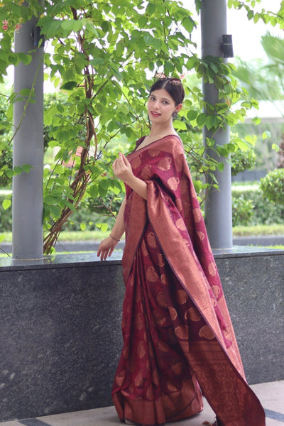 Maroon Pure Satin Silk Saree With Demure Blouse Piece - Almaari Fashion