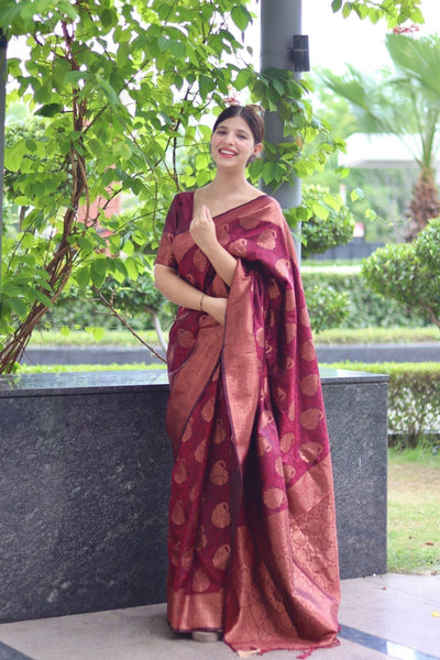 Maroon Pure Satin Silk Saree With Demure Blouse Piece - Almaari Fashion