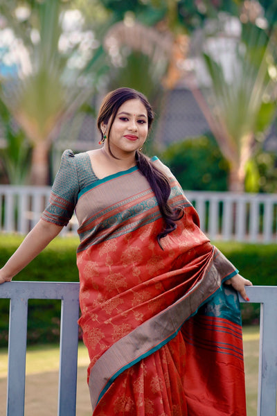 Maroon Soft Silk Saree Weaved With Copper Zari With Imbrication Blouse Piece - Almaari Fashion