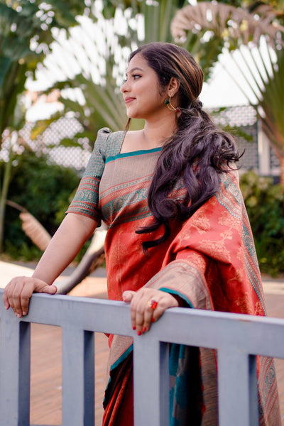 Maroon Soft Silk Saree Weaved With Copper Zari With Imbrication Blouse Piece - Almaari Fashion