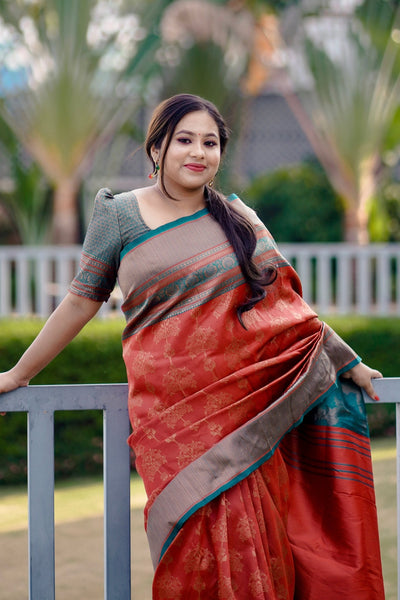 Maroon Soft Silk Saree Weaved With Copper Zari With Imbrication Blouse Piece - Almaari Fashion