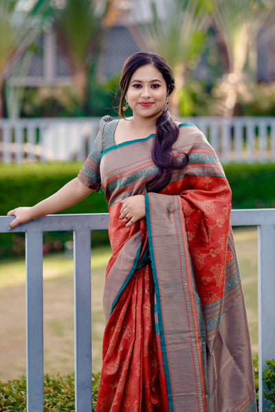 Maroon Soft Silk Saree Weaved With Copper Zari With Imbrication Blouse Piece - Almaari Fashion