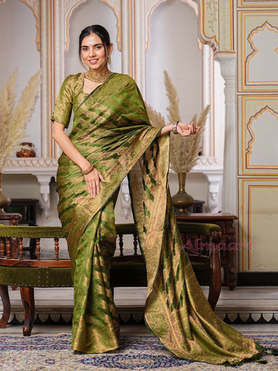 Mehandi Green Color Pure Organza Saree Adorned with Zari Weaving, Complete with Matching Blouse Piece - Almaari Fashion