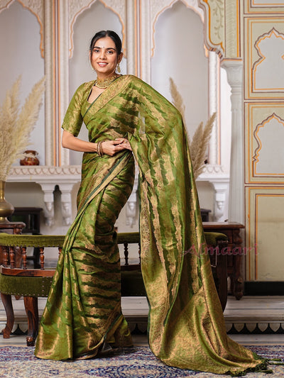 Mehandi Green Color Pure Organza Saree Adorned with Zari Weaving, Complete with Matching Blouse Piece - Almaari Fashion