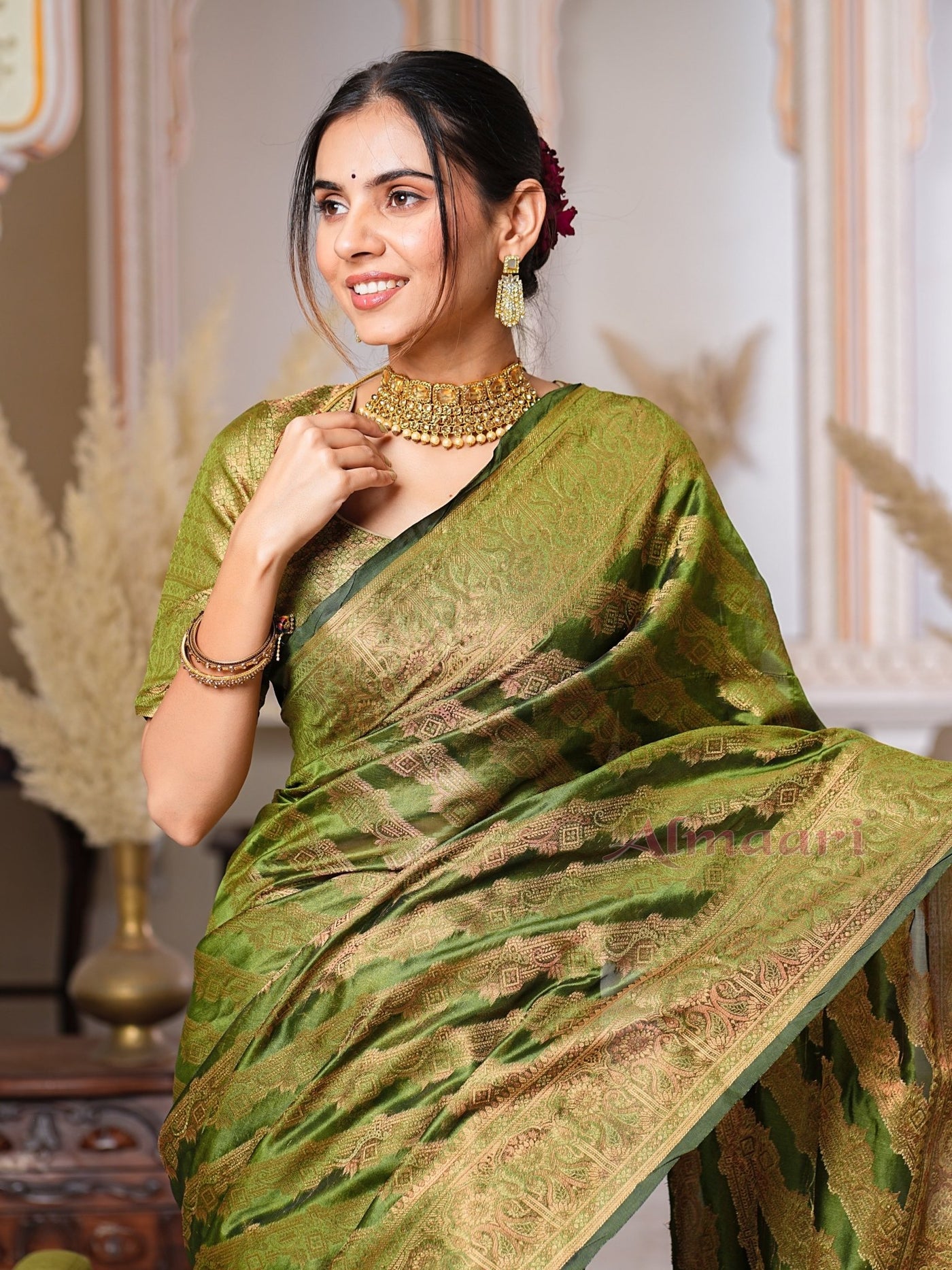 Mehandi Green Color Pure Organza Saree Adorned with Zari Weaving, Complete with Matching Blouse Piece - Almaari Fashion