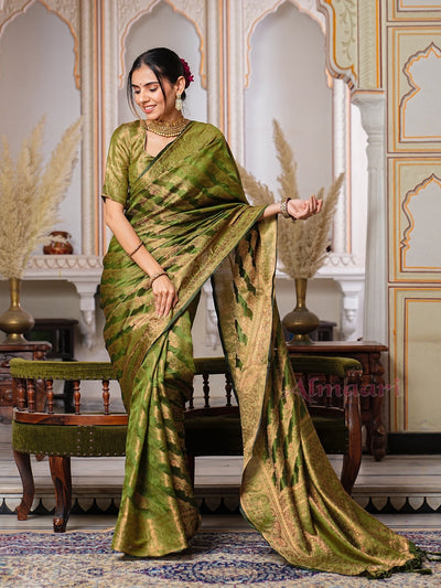 Mehandi Green Color Pure Organza Saree Adorned with Zari Weaving, Complete with Matching Blouse Piece - Almaari Fashion