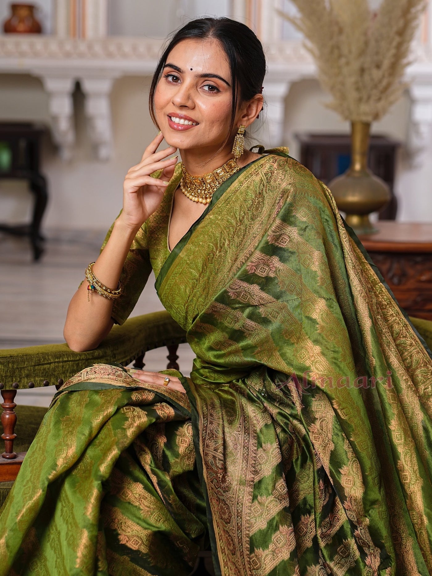 Mehandi Green Color Pure Organza Saree Adorned with Zari Weaving, Complete with Matching Blouse Piece - Almaari Fashion