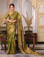 Mehandi Green Color Pure Organza Saree Adorned with Zari Weaving, Complete with Matching Blouse Piece