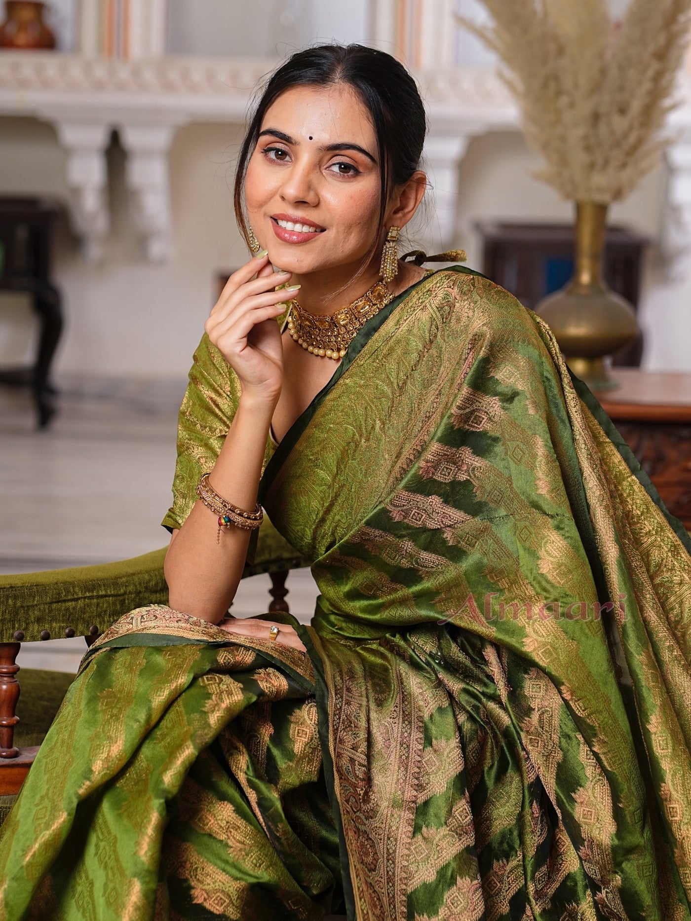 Mehandi Green Color Pure Organza Saree Adorned with Zari Weaving, Complete with Matching Blouse Piece - Almaari Fashion