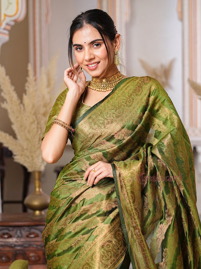 Mehandi Green Color Pure Organza Saree Adorned with Zari Weaving, Complete with Matching Blouse Piece - Almaari Fashion