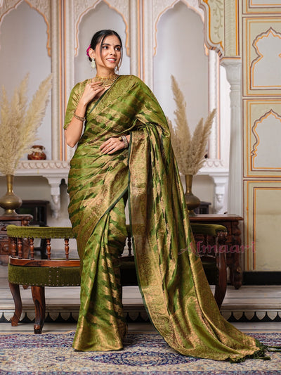 Mehandi Green Color Pure Organza Saree Adorned with Zari Weaving, Complete with Matching Blouse Piece - Almaari Fashion