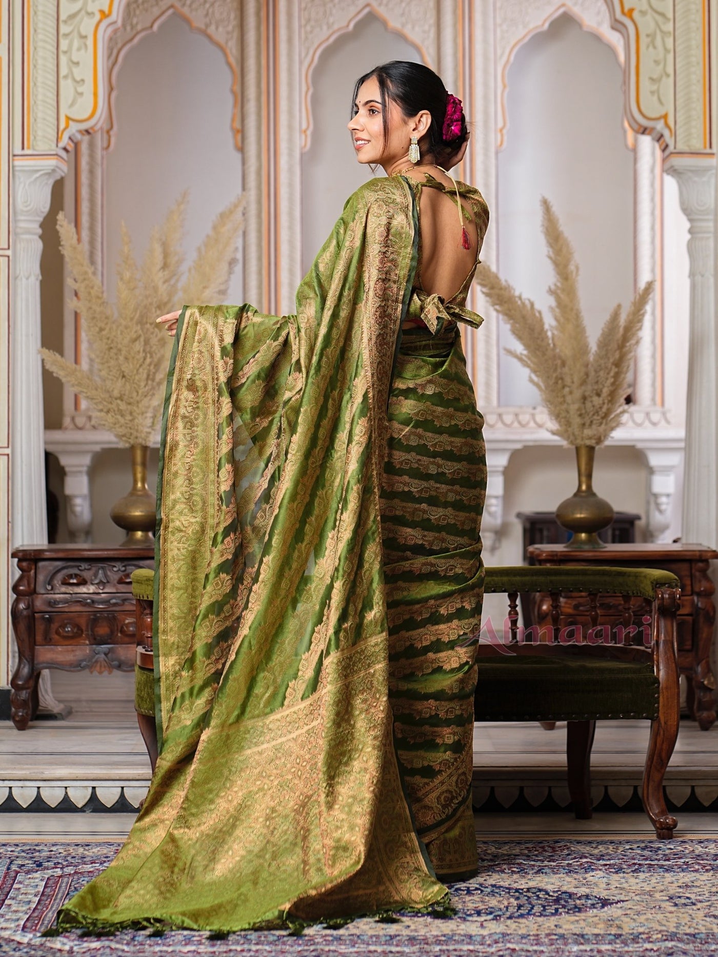 Mehandi Green Color Pure Organza Saree Adorned with Zari Weaving, Complete with Matching Blouse Piece - Almaari Fashion