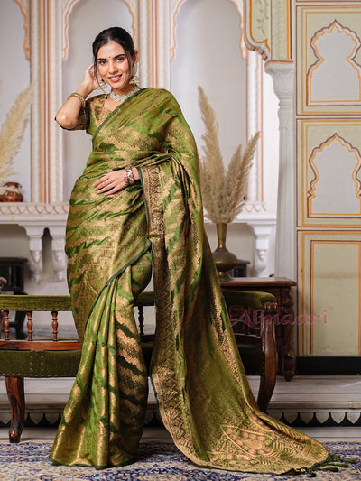 Mehandi GreenColor Pure Organza Saree Adorned with Zari Weaving, Complete with Matching Blouse Piece - Almaari Fashion