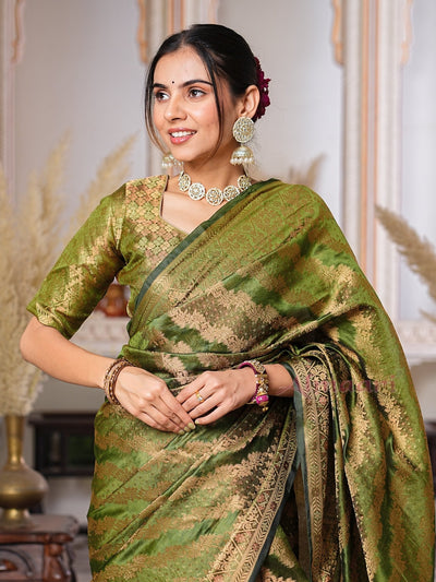 Mehandi GreenColor Pure Organza Saree Adorned with Zari Weaving, Complete with Matching Blouse Piece - Almaari Fashion