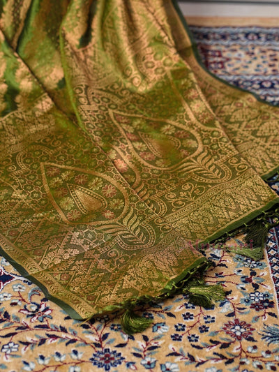 Mehandi GreenColor Pure Organza Saree Adorned with Zari Weaving, Complete with Matching Blouse Piece - Almaari Fashion