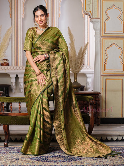 Mehandi GreenColor Pure Organza Saree Adorned with Zari Weaving, Complete with Matching Blouse Piece - Almaari Fashion