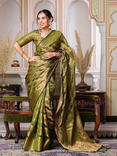 Mehandi GreenColor Pure Organza Saree Adorned with Zari Weaving, Complete with Matching Blouse Piece - Almaari Fashion