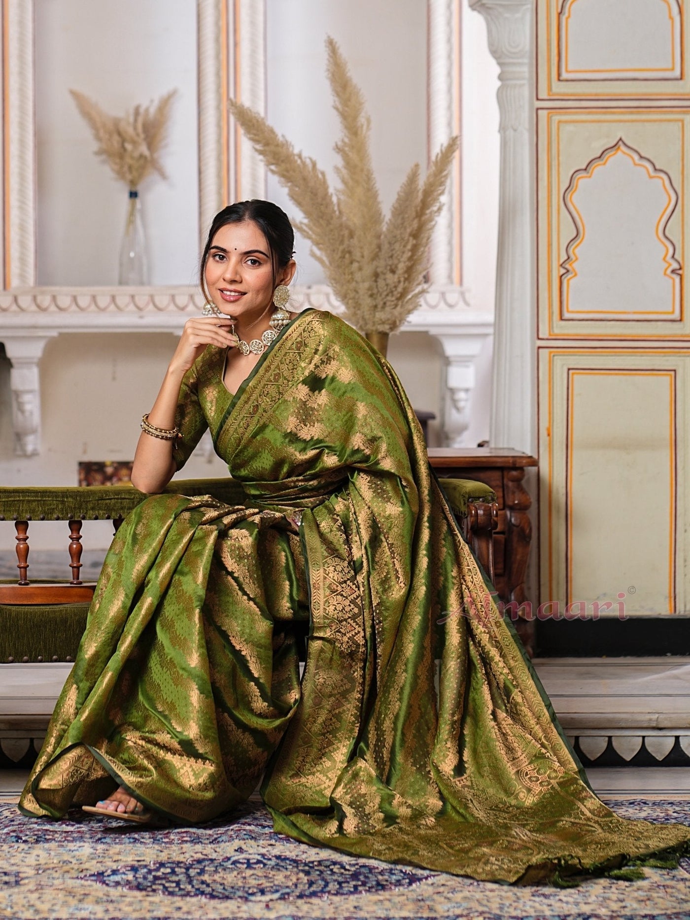 Mehandi GreenColor Pure Organza Saree Adorned with Zari Weaving, Complete with Matching Blouse Piece - Almaari Fashion