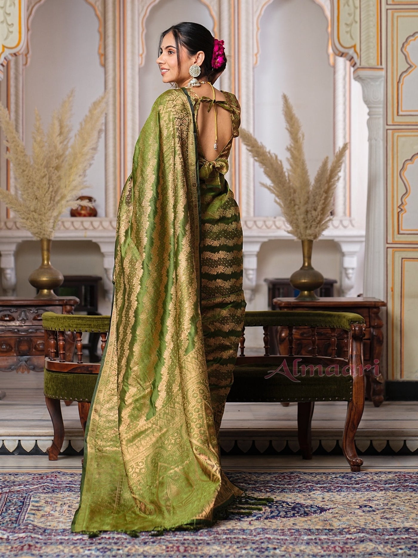 Mehandi GreenColor Pure Organza Saree Adorned with Zari Weaving, Complete with Matching Blouse Piece - Almaari Fashion