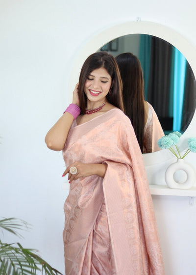 Misty Rose Pure Satin Silk Saree With Snappy Blouse Piece - Almaari Fashion