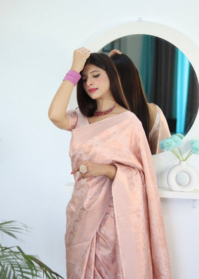 Misty Rose Pure Satin Silk Saree With Snappy Blouse Piece - Almaari Fashion