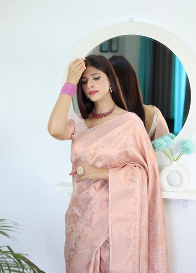 Misty Rose Pure Satin Silk Saree With Snappy Blouse Piece - Almaari Fashion