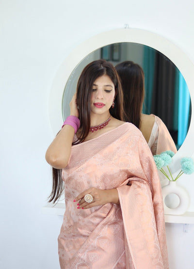 Misty Rose Pure Satin Silk Saree With Snappy Blouse Piece - Almaari Fashion
